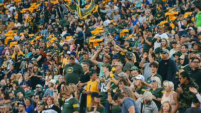 Les fans des Elks d'Edmonton célèbrent dans les gradins.