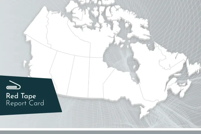 Words 'Red Tape Report Card' superimposed on an image of a map of Canada